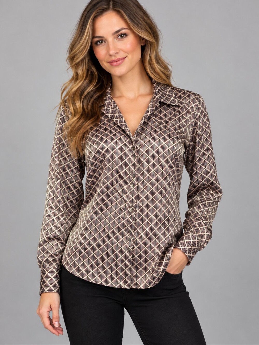 VTG TESS 1980s Satin Basketweave Rope Button Down Long Sleeve Holiday Shirt